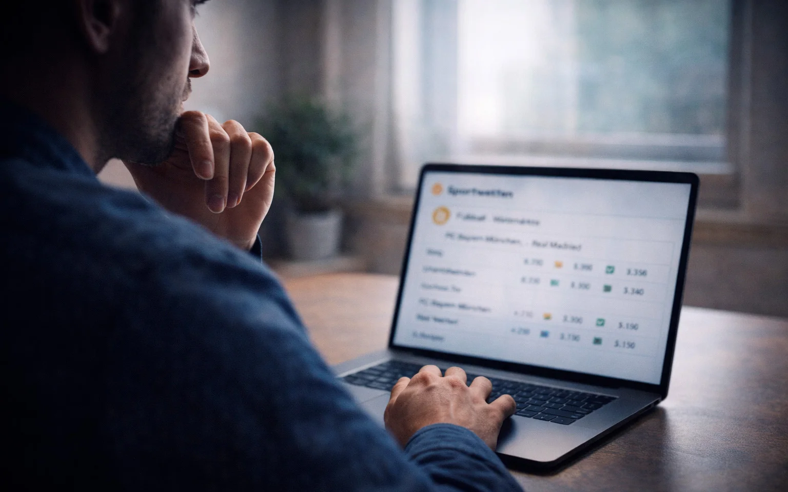 Nachdenkliche Person am Schreibtisch mit Laptop betrachtet Optionen