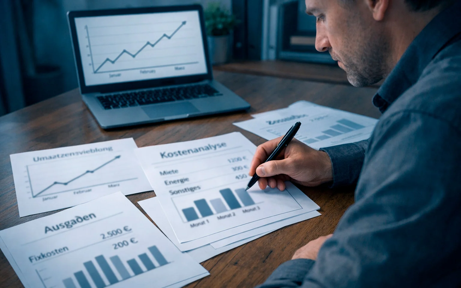 Person prüft aufmerksam Dokumente am Schreibtisch