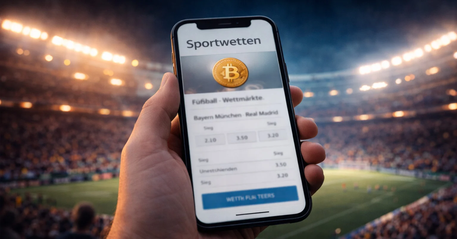 Smartphone mit Bitcoin-Sportwetten-App vor einem Fußballstadion bei Flutlicht