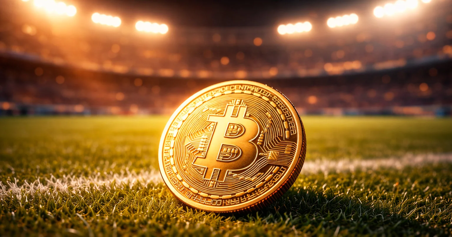 Bitcoin-Münze vor einem Sportfeld mit leuchtendem Hintergrund