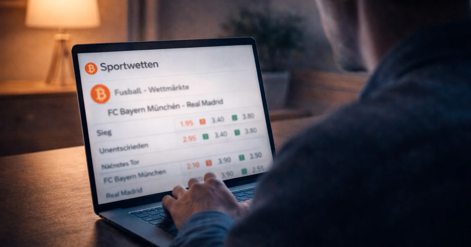 Person am Laptop mit Bitcoin-Symbol und Sportwetten-Interface bei gedämpftem Licht