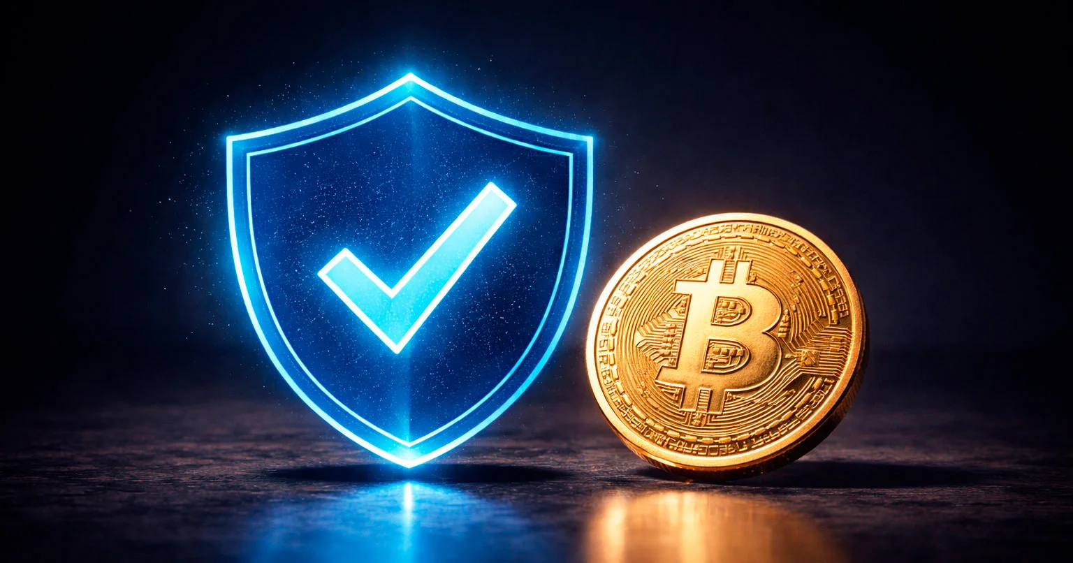 Vertrauenswürdiger Bitcoin-Wettanbieter symbolisiert durch Schild mit Häkchen und Bitcoin-Münze