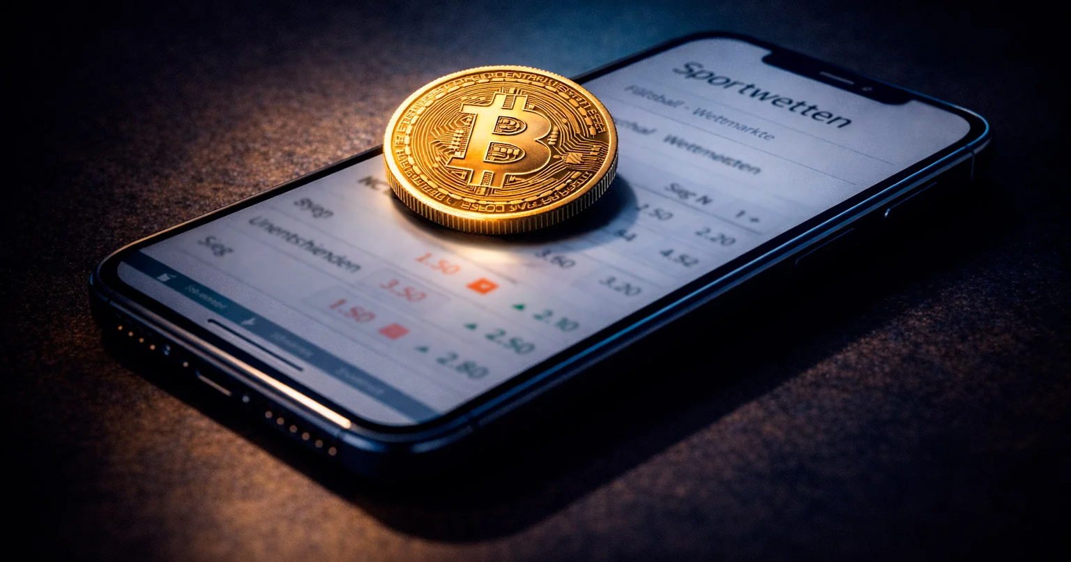 Goldene Bitcoin-Münze auf Smartphone mit Sportwetten-App vor dunklem Hintergrund