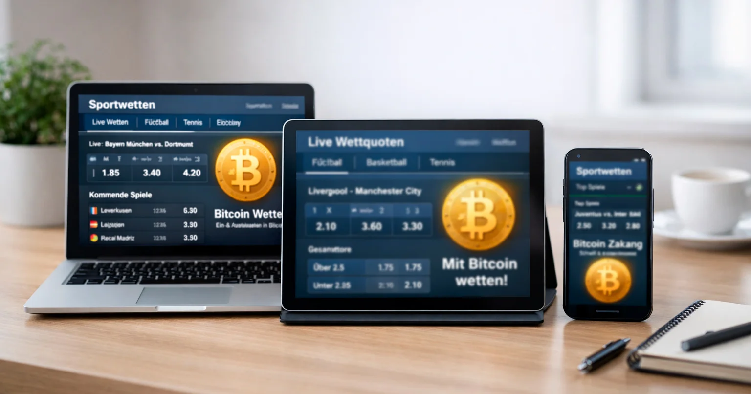 Mehrere Sportwetten-Plattformen auf verschiedenen Geräten mit Bitcoin-Symbol