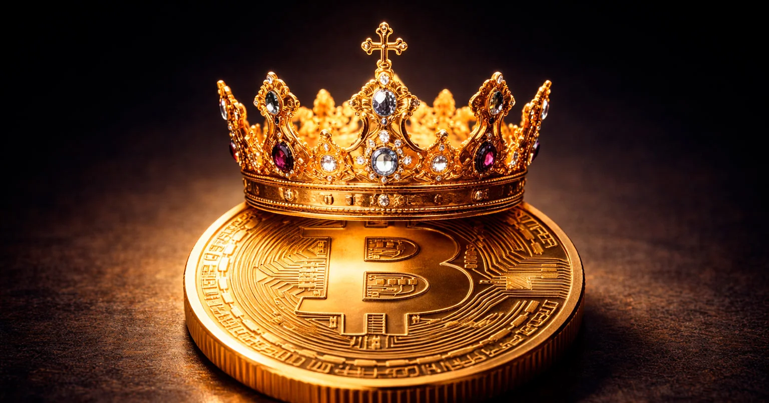 Goldene VIP-Krone auf Bitcoin-Münze mit eleganter Beleuchtung