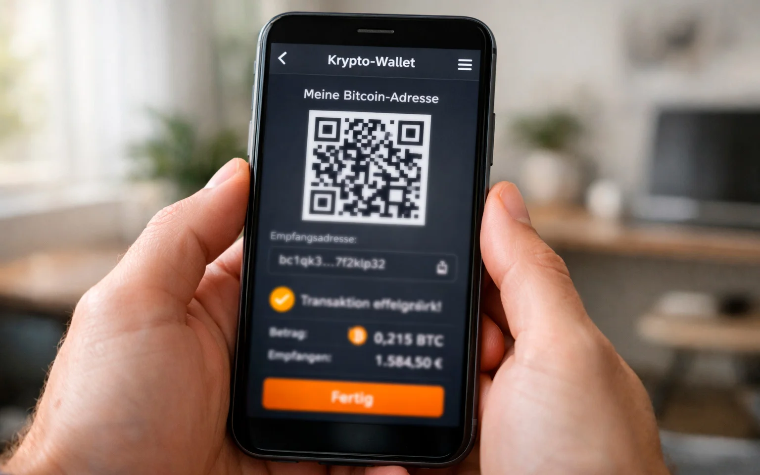 Smartphone mit Bitcoin-Wallet-App zeigt eine Transaktion an