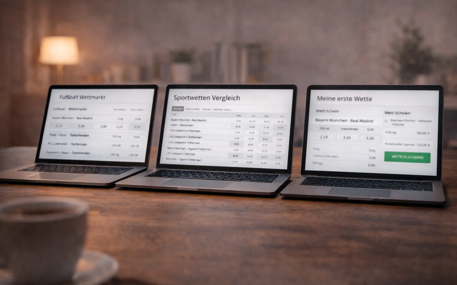Drei Laptop-Bildschirme nebeneinander zeigen verschiedene Sportwetten-Plattformen