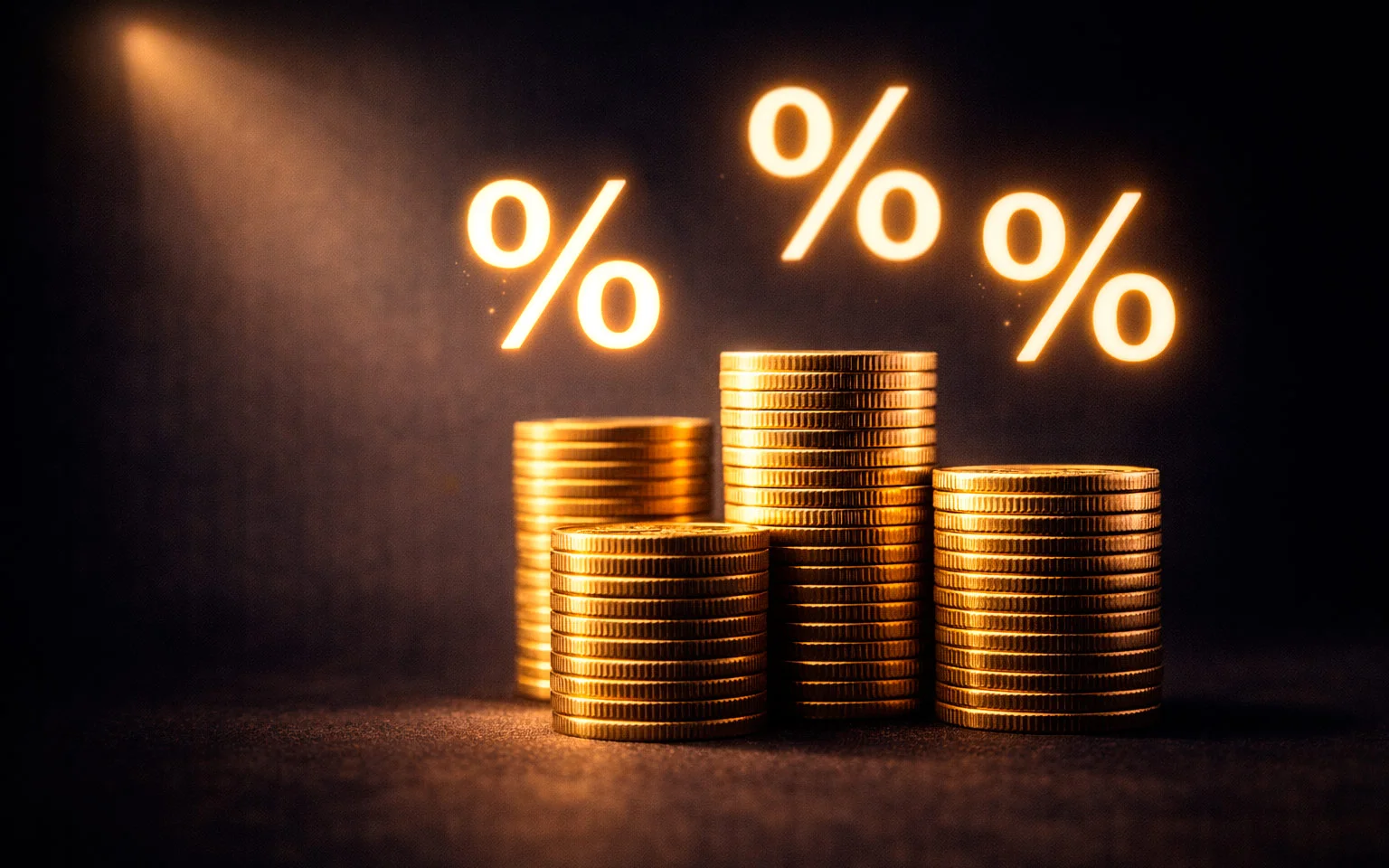 Gestapelte goldene Münzen mit Prozentzeichen symbolisieren attraktive Bonusangebote