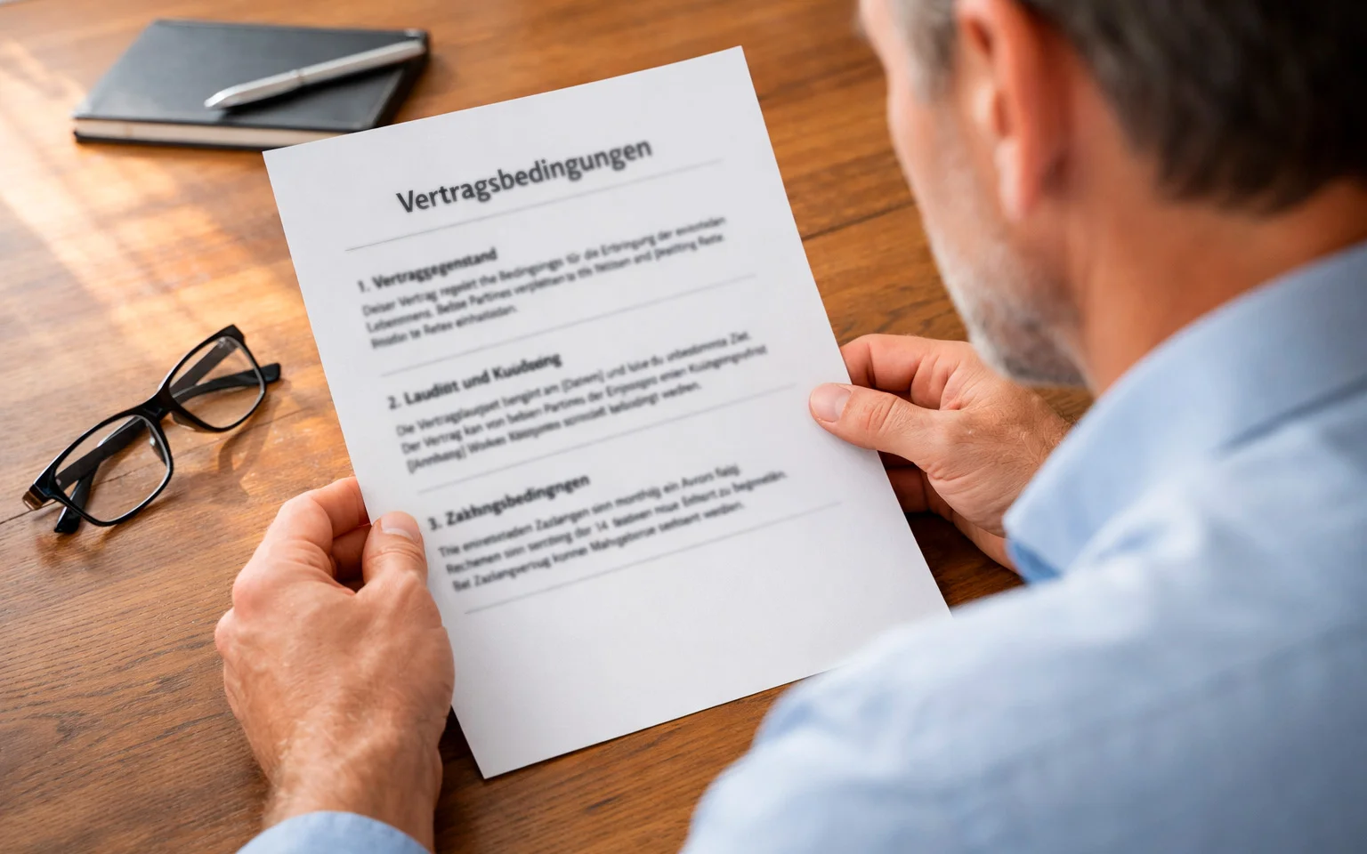 Person liest aufmerksam Dokument mit Bonusbedingungen an einem Schreibtisch