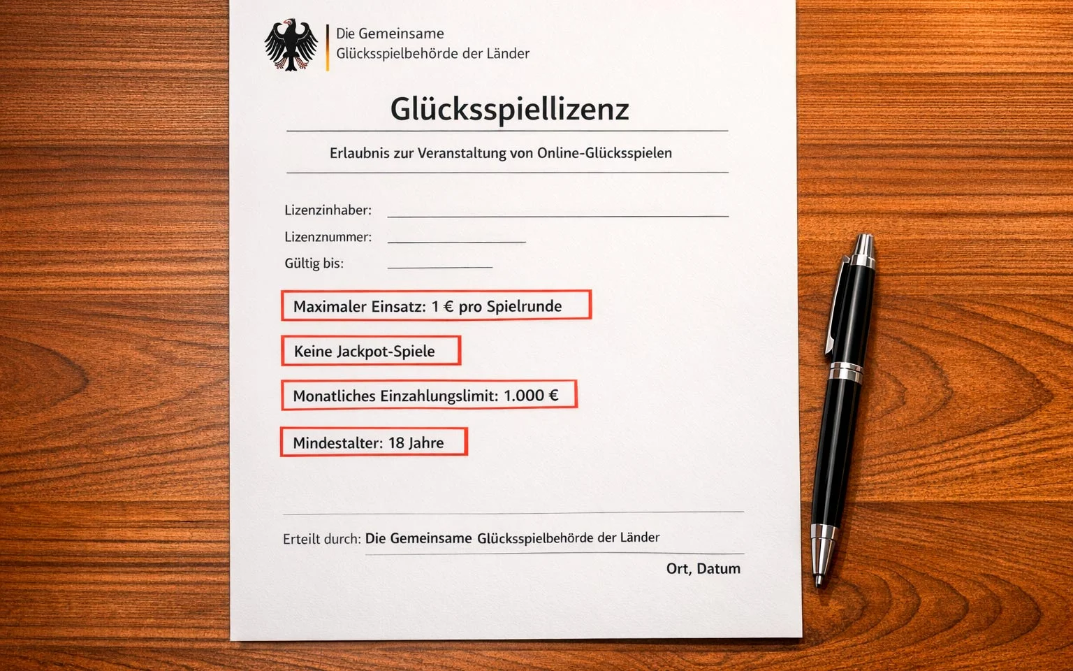 Dokument mit deutscher Glücksspiellizenz und Einschränkungen markiert