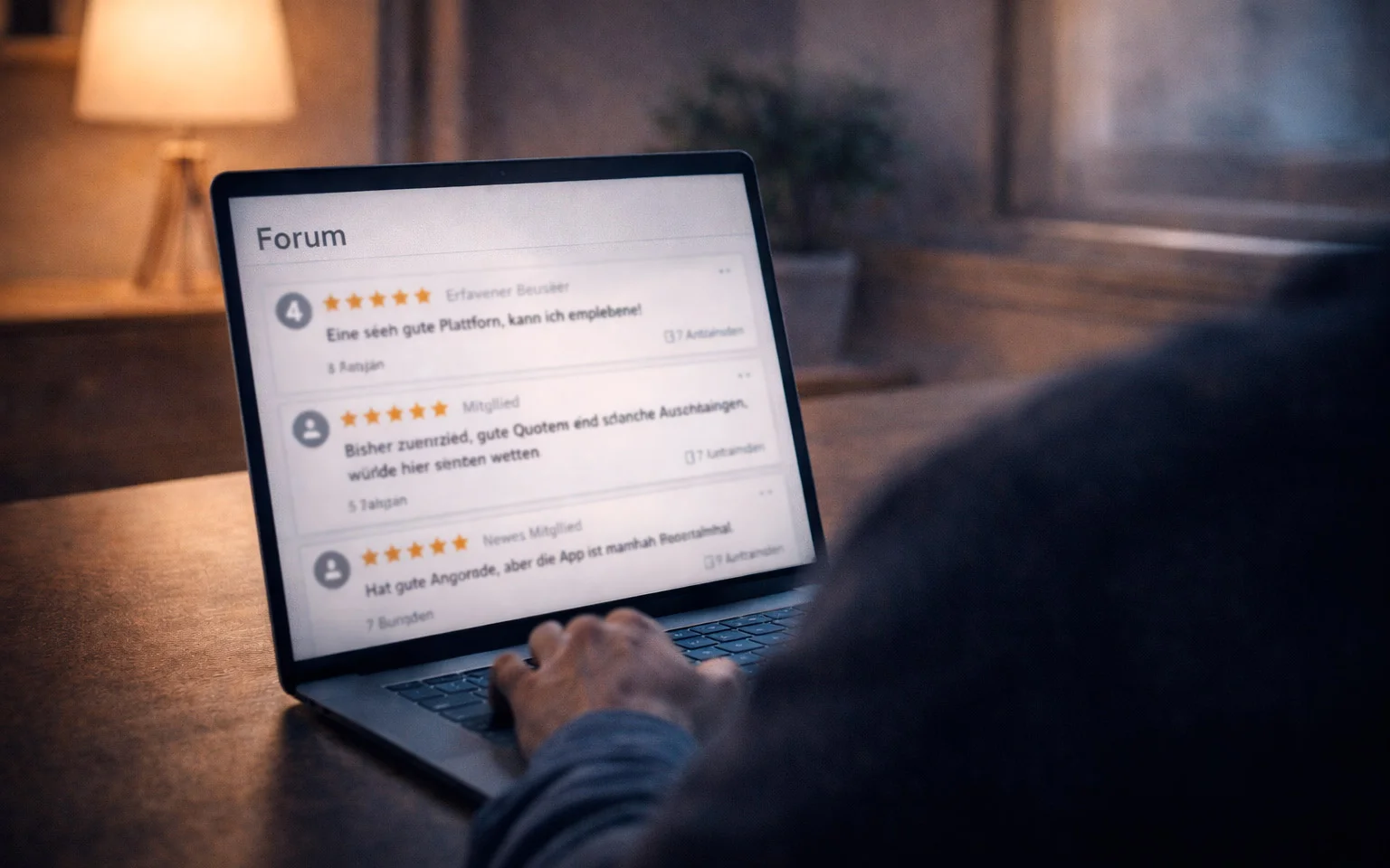 Laptop zeigt Online-Forum mit Nutzerbewertungen und Erfahrungsberichten zu Wettanbietern