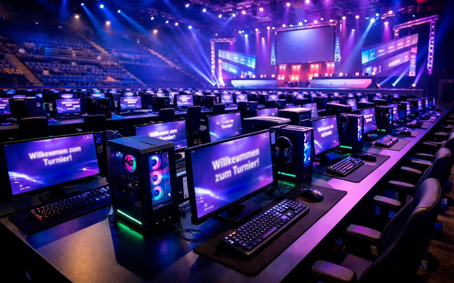 eSports-Arena mit beleuchteten Gaming-Stationen und Zuschauern