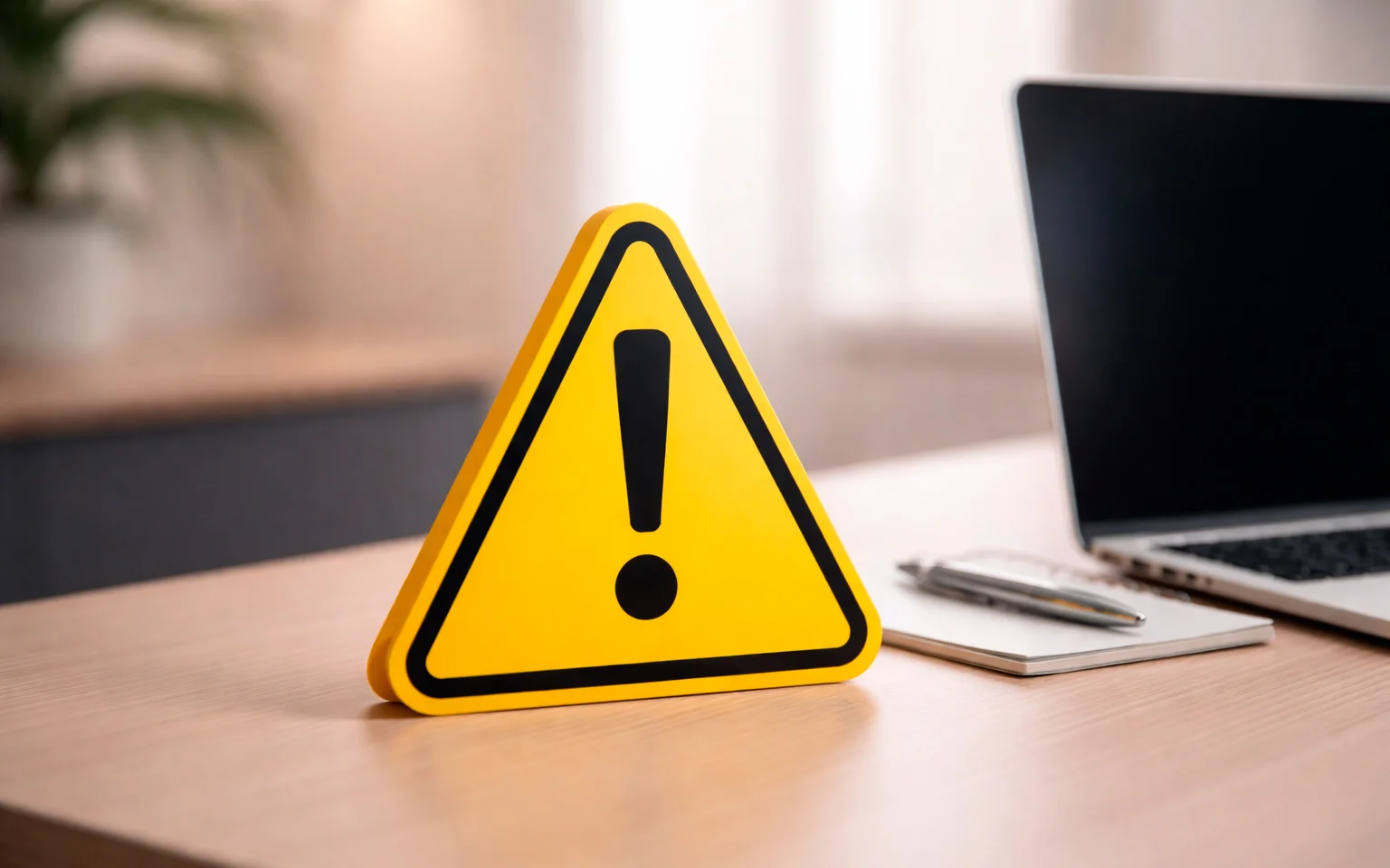 Warnschild mit Ausrufezeichen auf Schreibtisch neben Laptop
