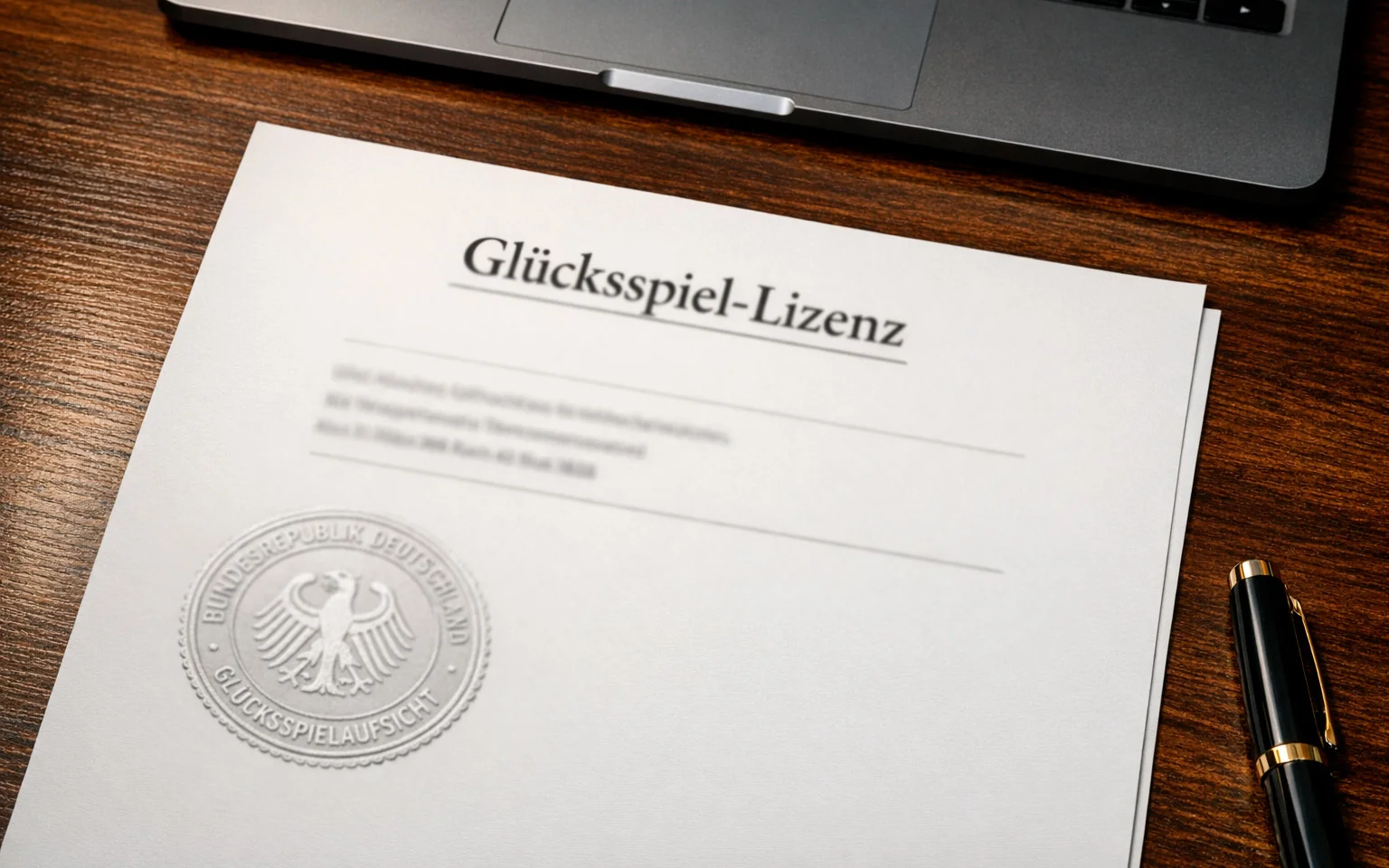 Offizielles Lizenzdokument mit Siegel auf einem Schreibtisch neben einem Laptop