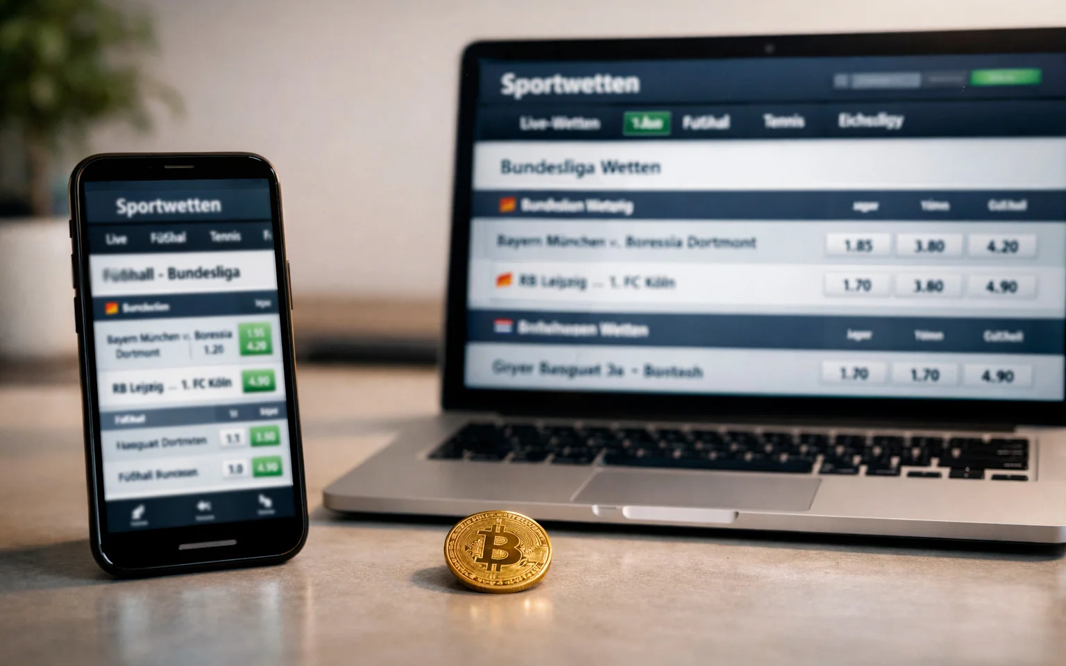 Smartphone und Laptop mit Sportwetten-Interfaces und Bitcoin-Münze symbolisieren kombinierten Ansatz