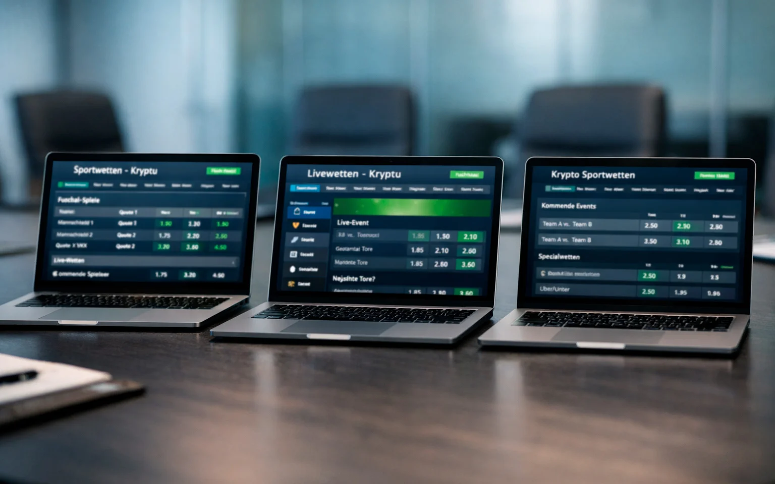 Drei Laptops zeigen verschiedene Bitcoin-Sportwetten-Plattformen nebeneinander