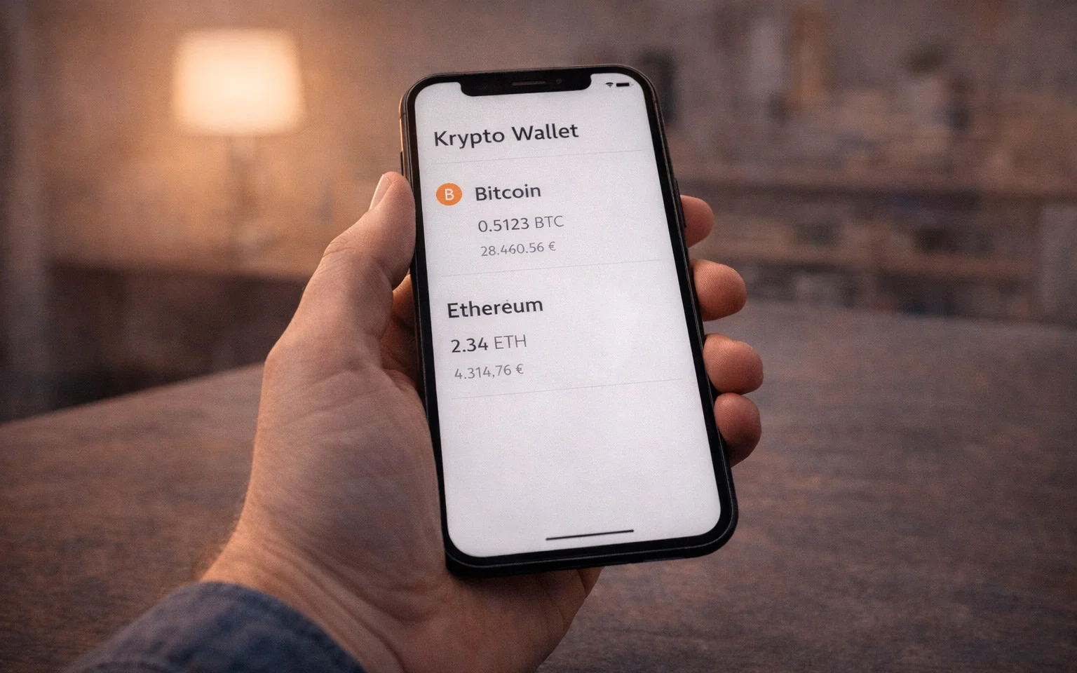 Smartphone zeigt Krypto-Wallet mit Bitcoin und Ethereum Guthaben