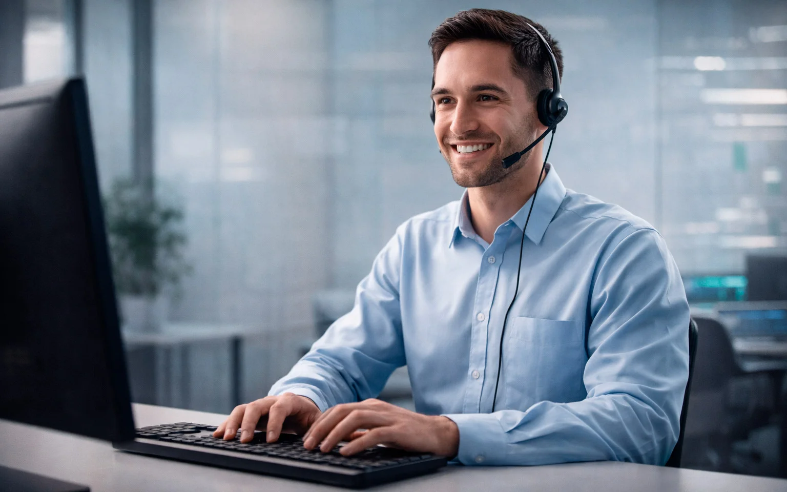 Professioneller Kundenservice-Mitarbeiter mit Headset am Computer