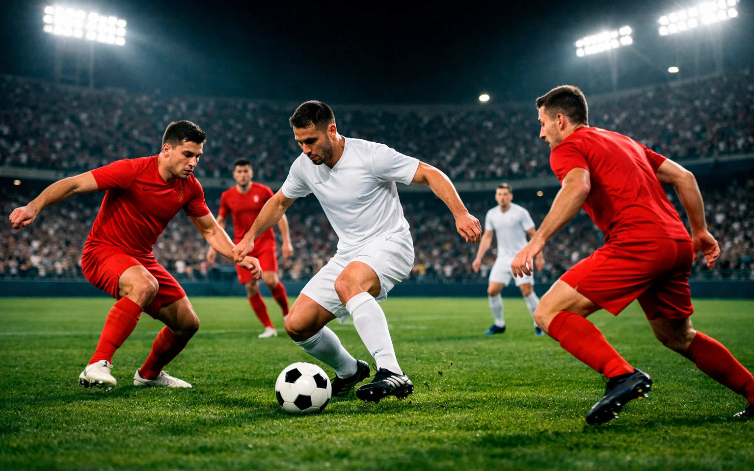 Nahaufnahme eines Fußballspiels im Stadion bei Flutlicht mit Fans im Hintergrund