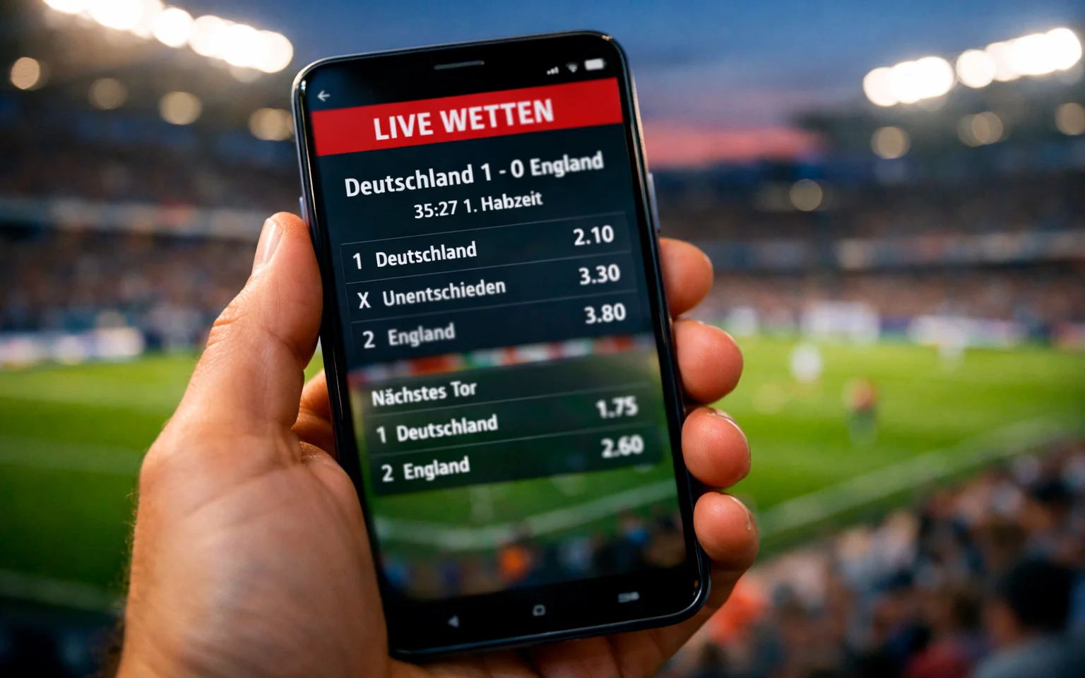 Hand hält Smartphone mit Live-Wetten-App vor dem Hintergrund eines beleuchteten Fußballstadions