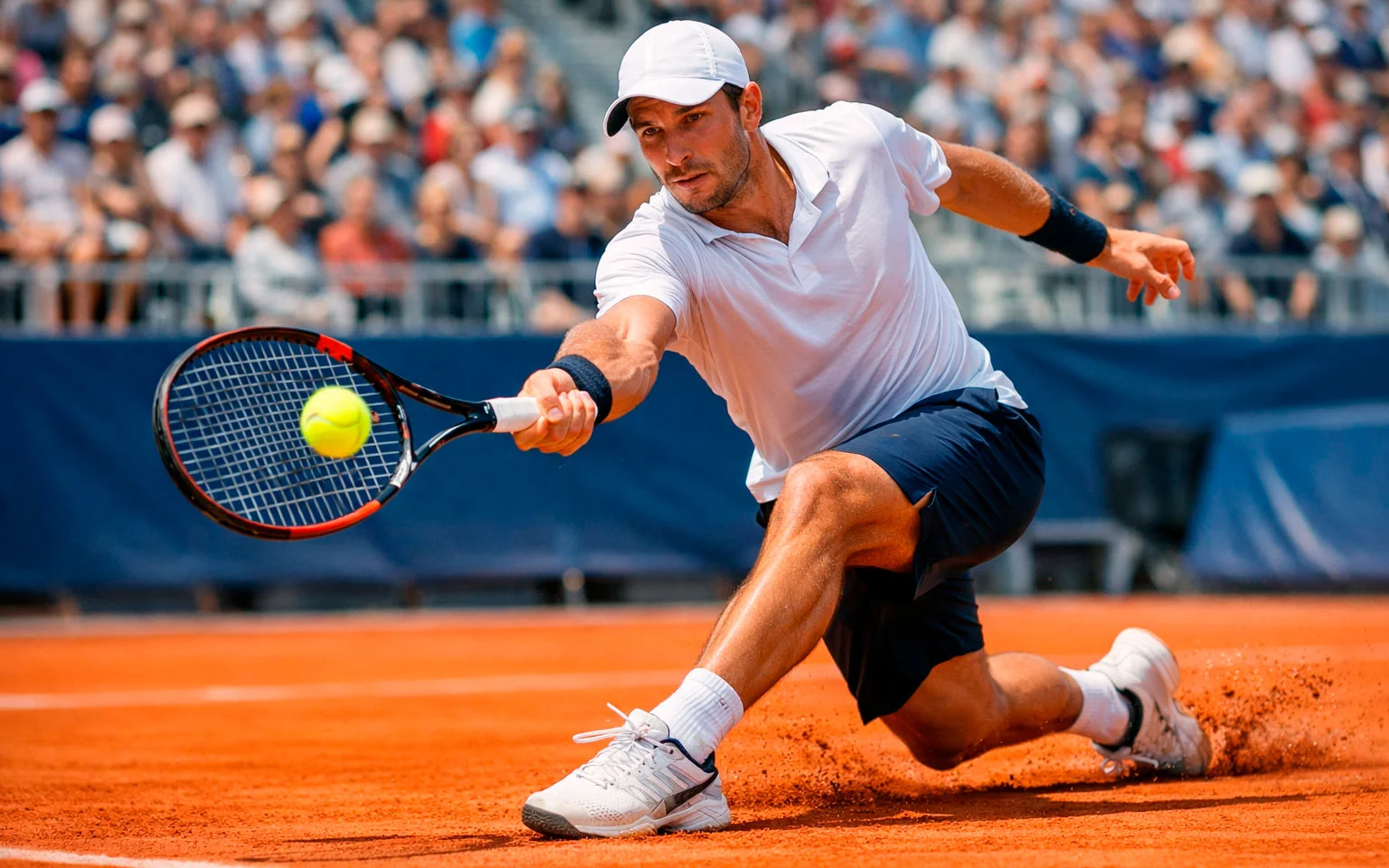 Tennisspieler auf Sandplatz während eines Matches mit Zuschauertribüne im Hintergrund