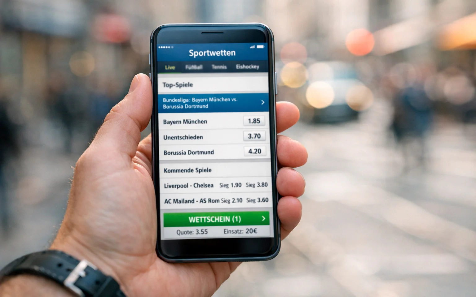 Hand hält Smartphone mit Sportwetten-App geöffnet in städtischer Umgebung