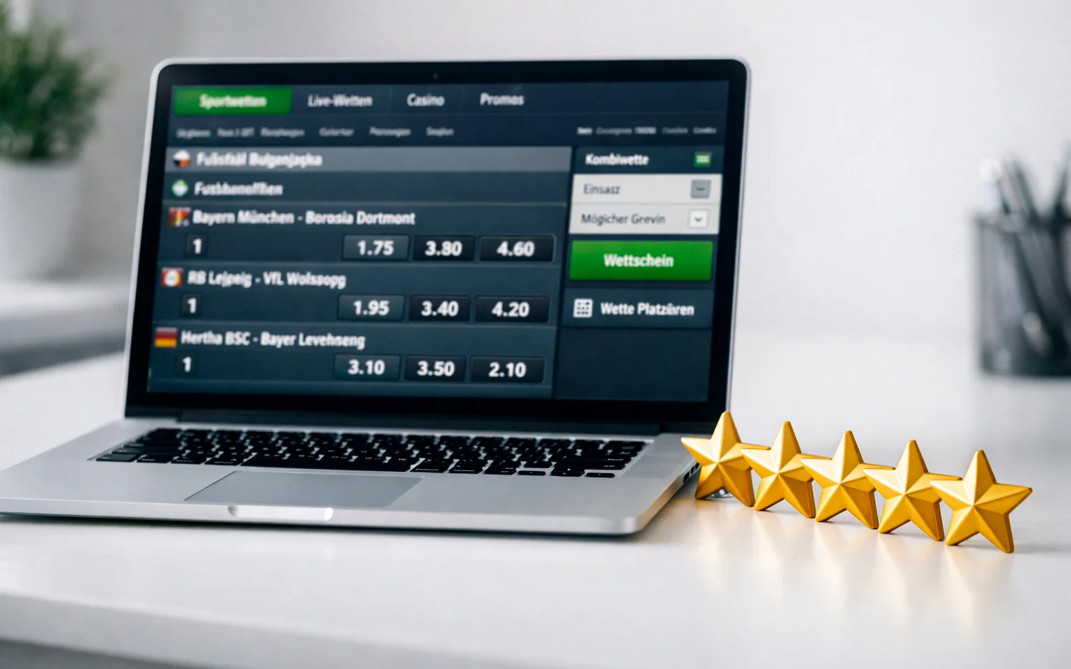 Fünf Sterne-Bewertung neben Laptop mit Sportwetten-Interface symbolisiert Qualitätskriterien