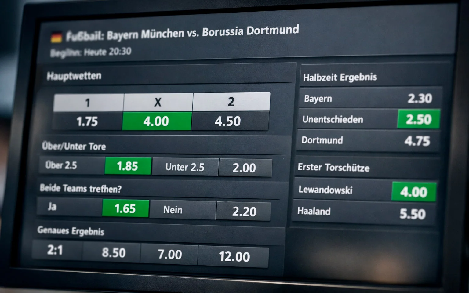 Bildschirm zeigt Sportwetten-Quoten für ein Fußballspiel mit grünen Zahlen
