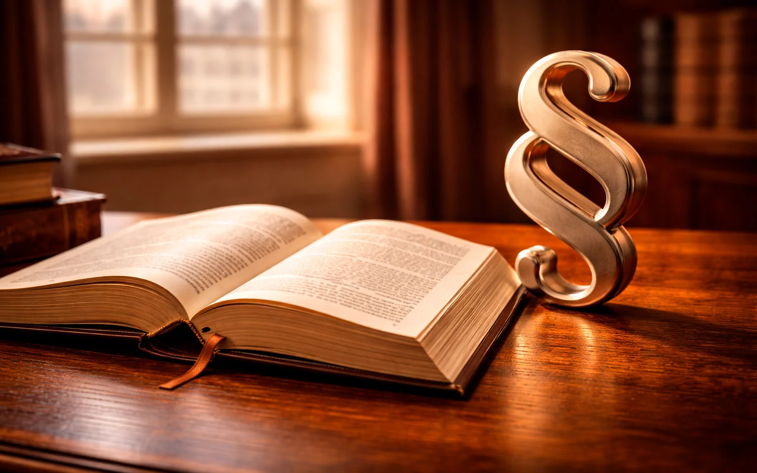 Gesetzbuch und Paragraphensymbol auf einem Schreibtisch