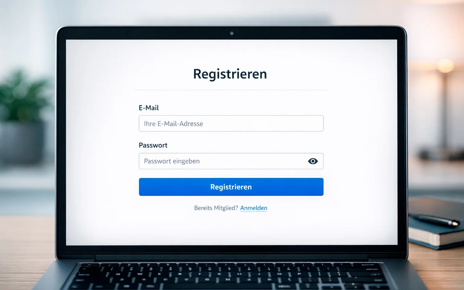 Laptop-Bildschirm zeigt Registrierungsformular mit E-Mail-Feld