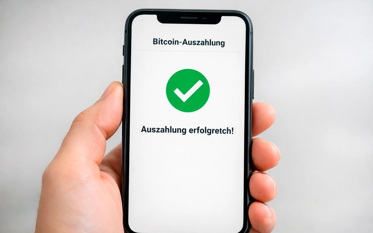 Smartphone zeigt erfolgreiche Bitcoin-Auszahlung mit grünem Häkchen und Transaktionsbestätigung