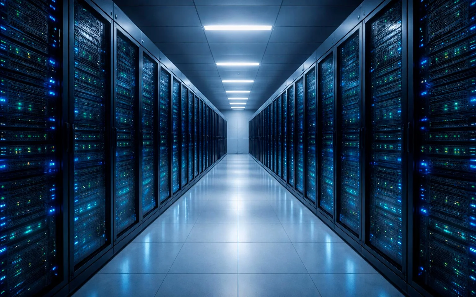 Moderner Serverraum mit blauer LED-Beleuchtung symbolisiert sichere Datenspeicherung