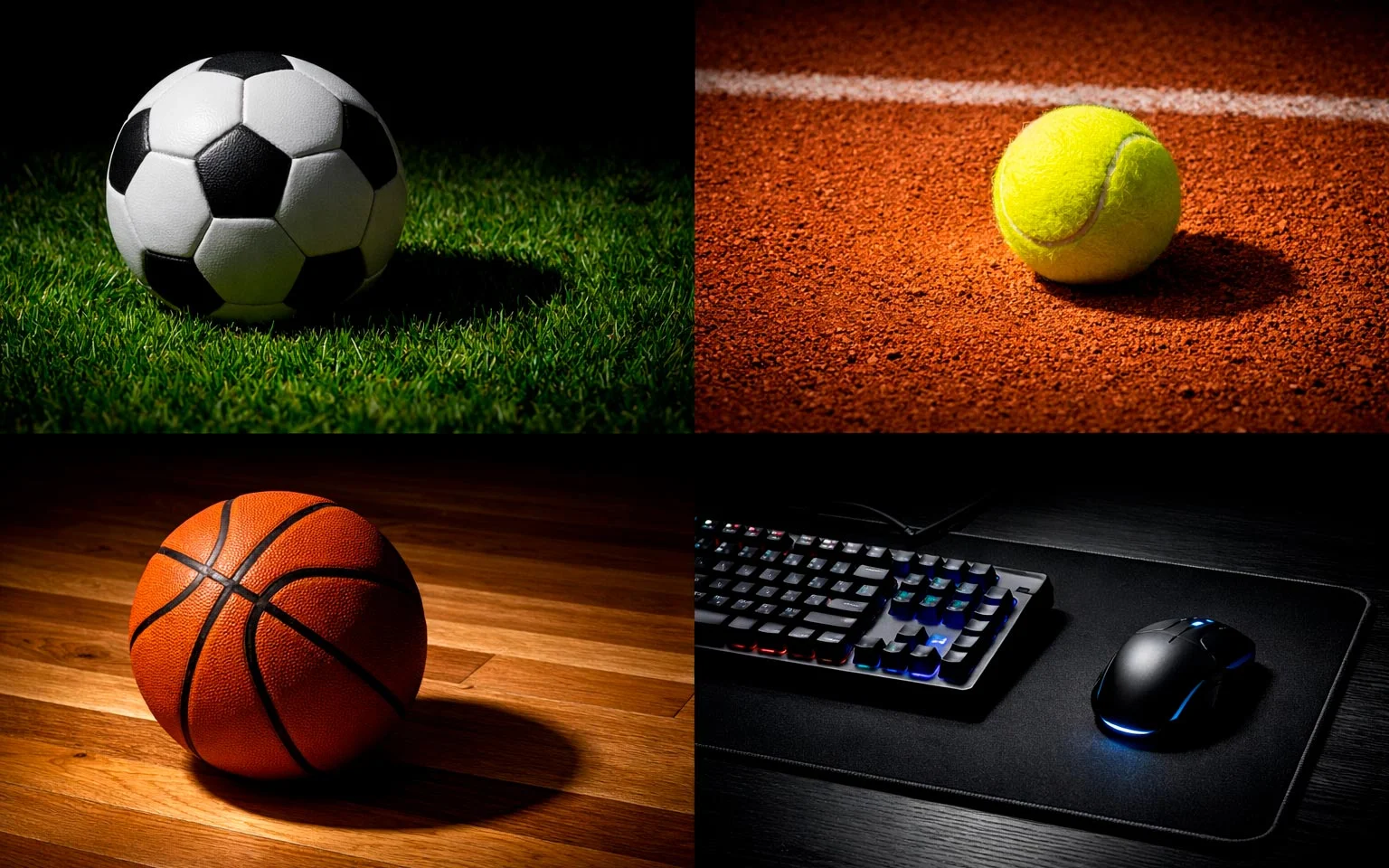 Collage verschiedener Sportarten: Fußball, Tennis, Basketball und eSports auf dunklem Hintergrund