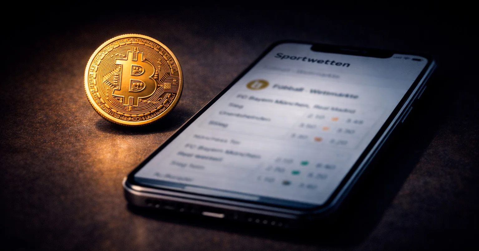 Bitcoin-Münze neben Smartphone mit Sportwetten-App als Alternative zu traditionellen Anbietern