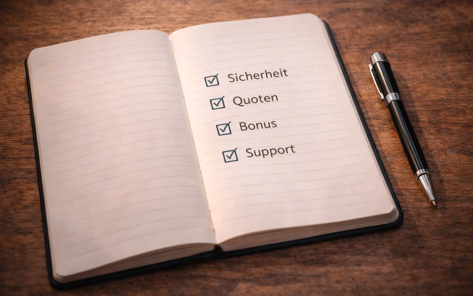 Notizbuch mit handgeschriebener Checkliste für Wettanbieter-Kriterien auf Holztisch