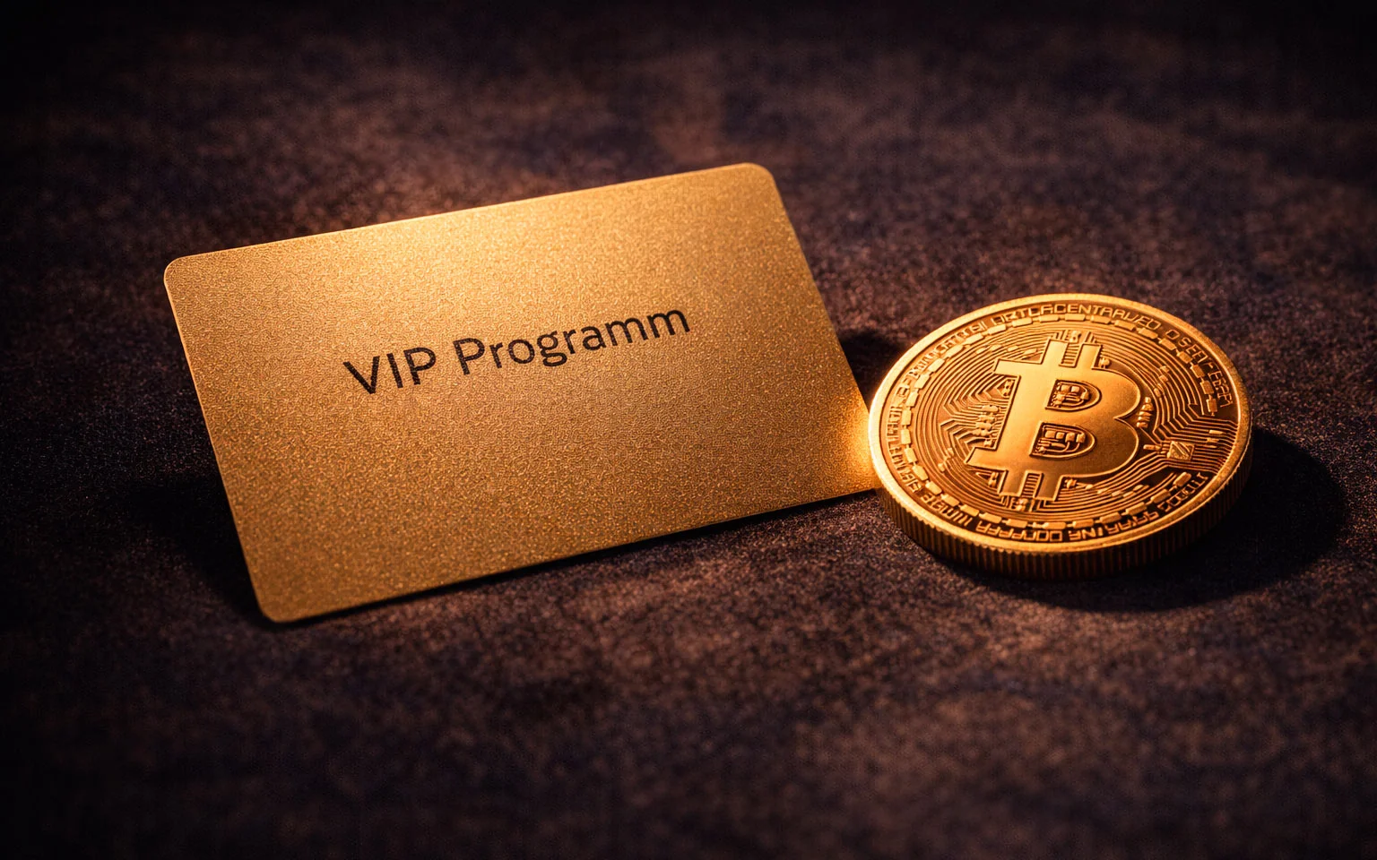 Goldene VIP-Karte neben Bitcoin-Münze symbolisiert exklusive Belohnungen für treue Spieler