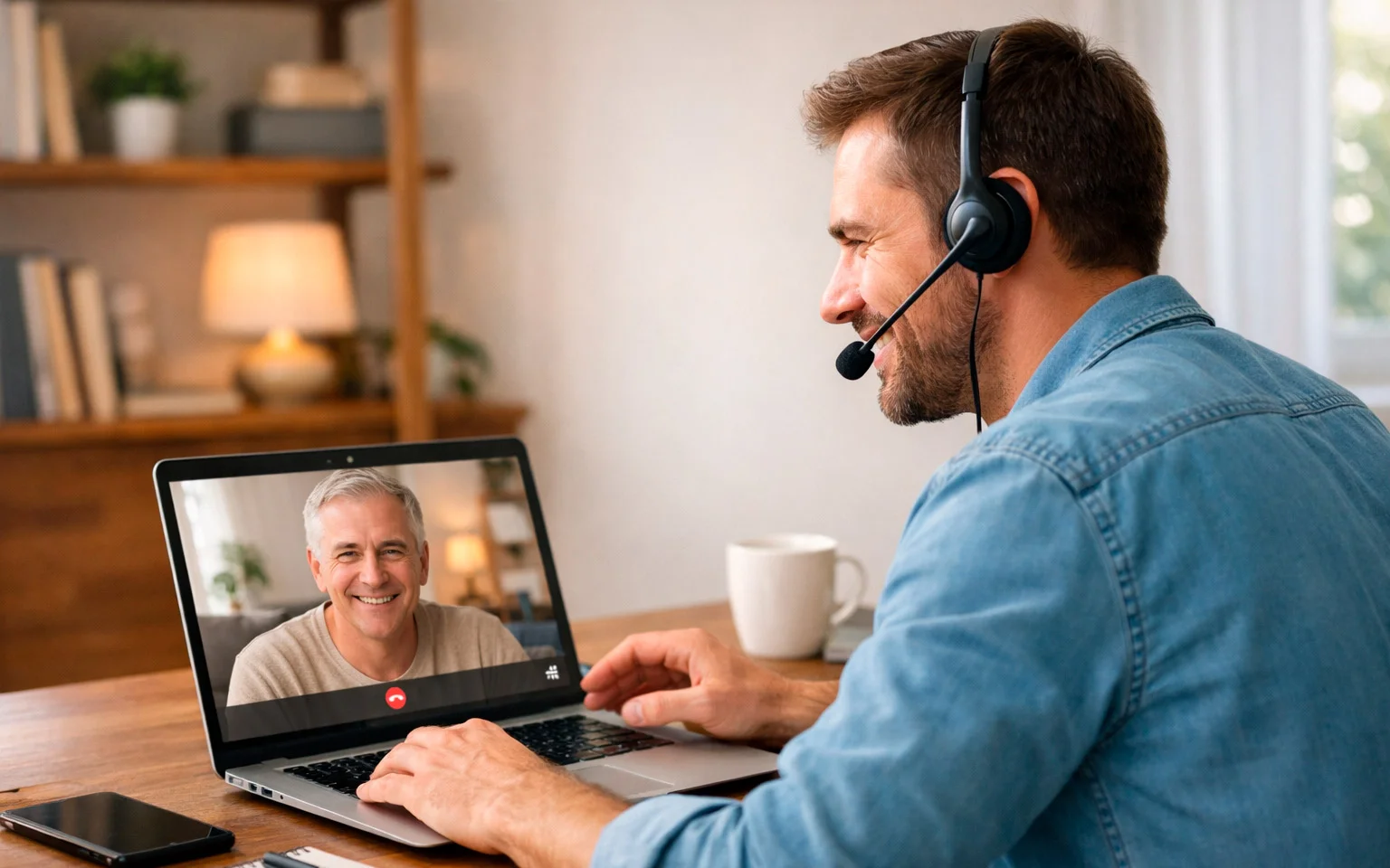 Person im Gespräch mit Kundenberater am Laptop mit Headset
