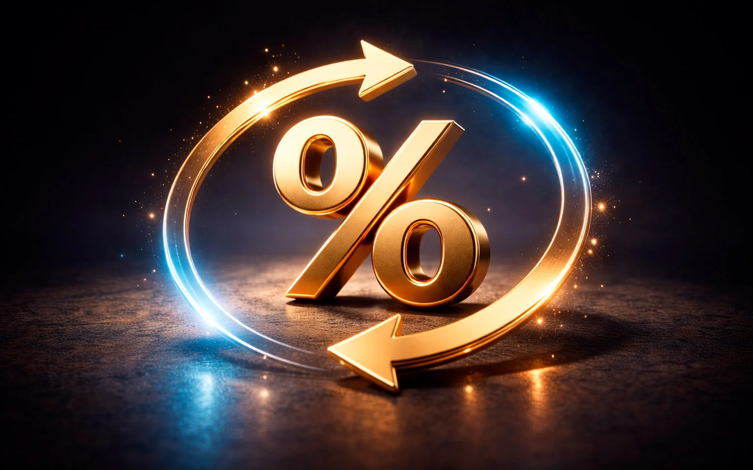 Prozent-Symbol mit Pfeilen die Geld-Rückfluss symbolisieren auf dunklem Hintergrund