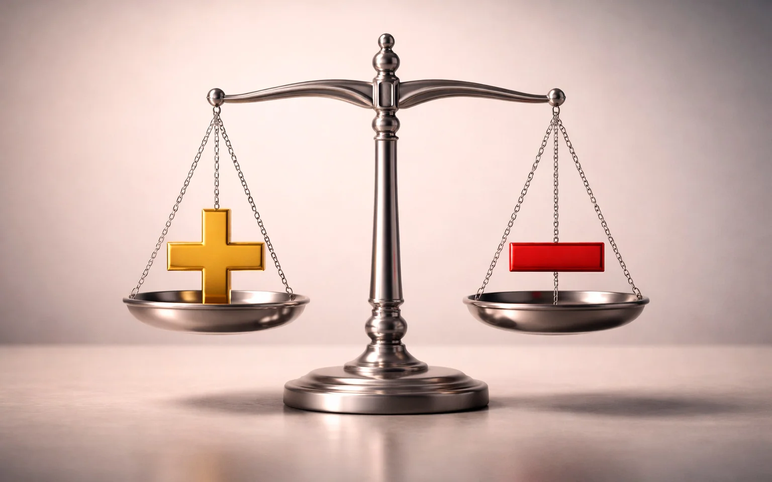 Stilisierte Waage mit Plus- und Minus-Symbolen auf neutralem Hintergrund