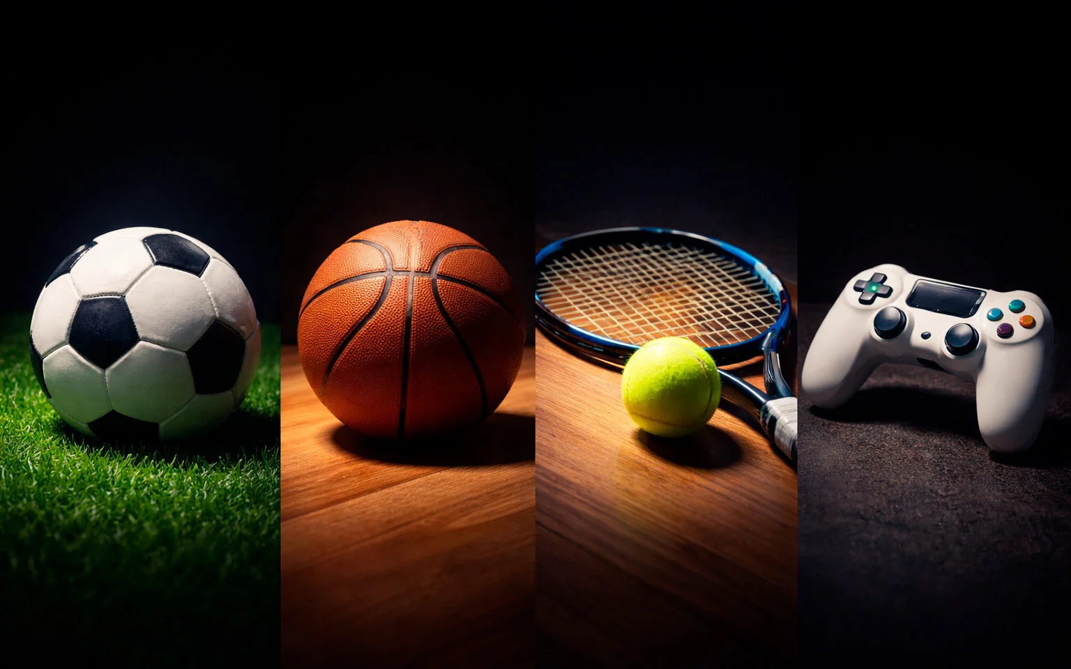 Collage verschiedener Sportarten: Fußball, Basketball, Tennis und eSports-Controller